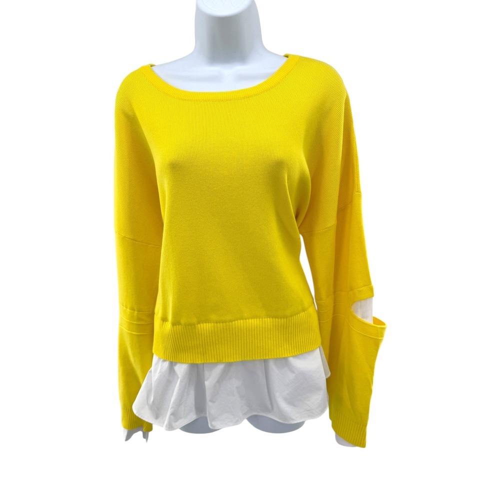 Anthropologie Yellow‎ Layered Hem Sweater XL Cutout Sleeve Poplin Contrast